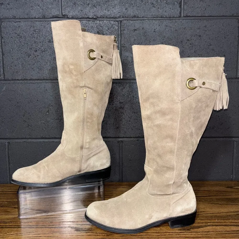 Maurices Women’s 10 Tan Suede Knee High Boots Tassel Side Zip - Picture 2 of 10